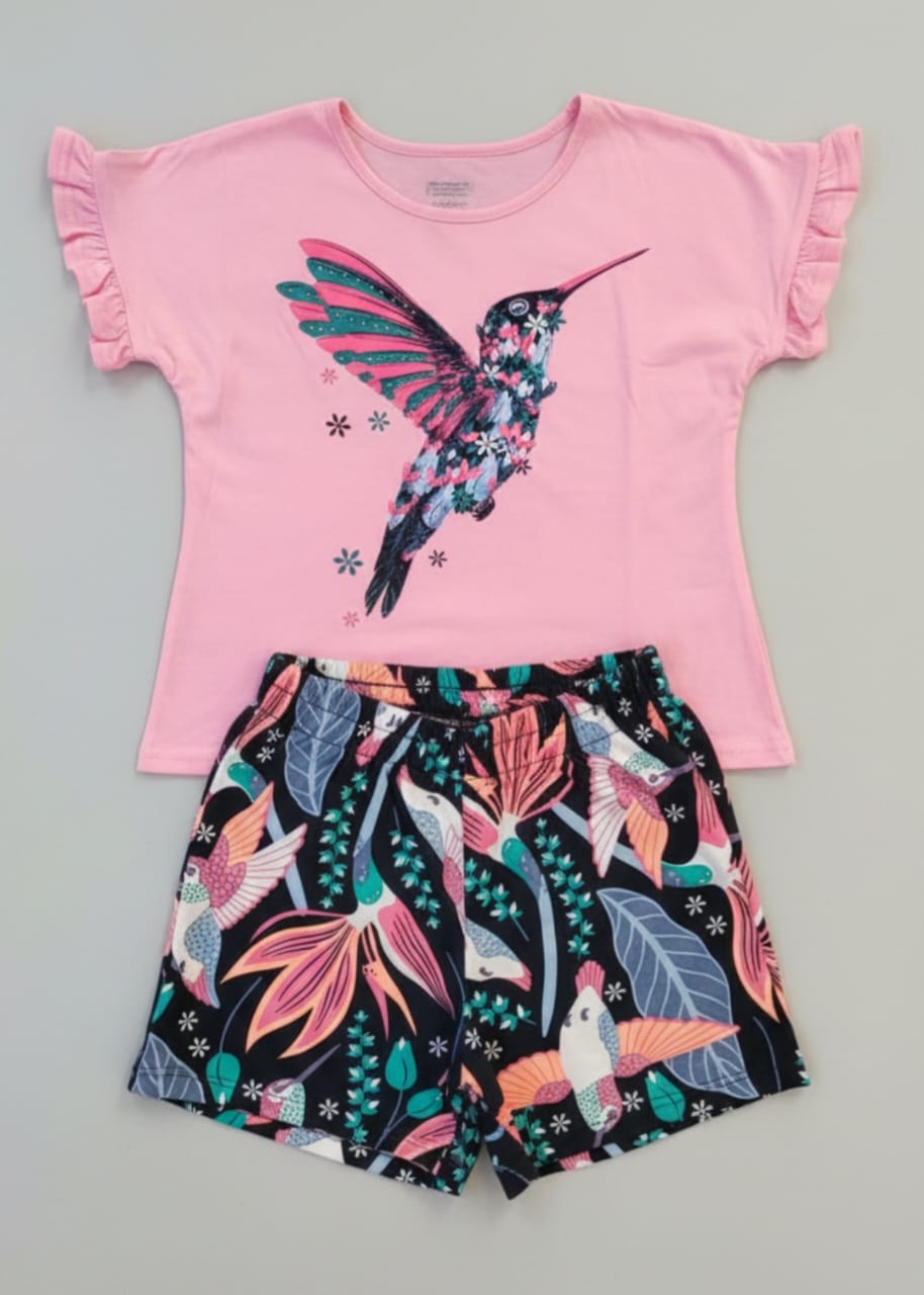 Conjunto Beija Flor Infantil 100% Algodão com Babados e Detalhe de Ponto de Luz