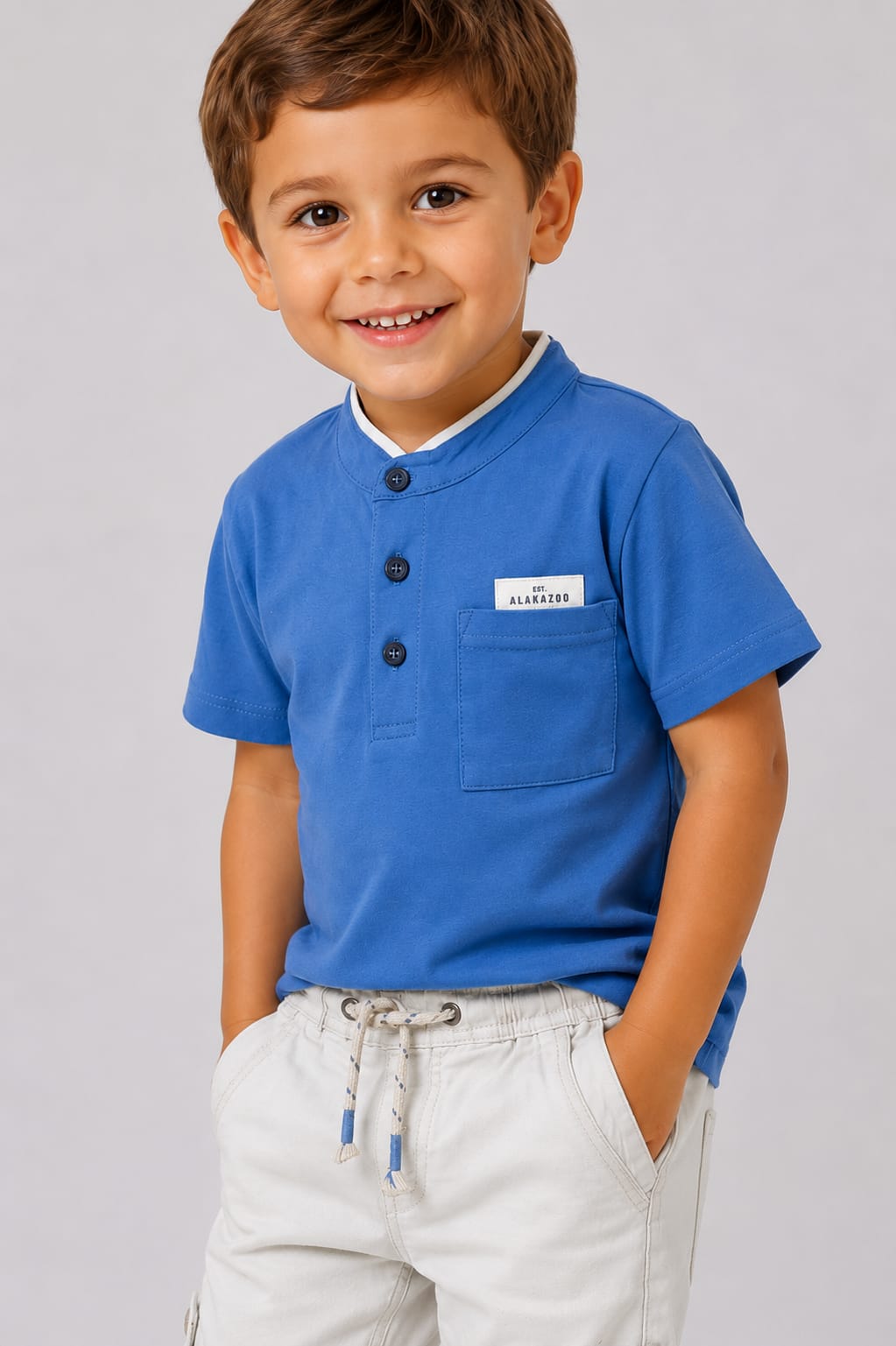 Conjunto Infantil Masculino com Camiseta Azul e Bermuda Off White em Tecido Plano
