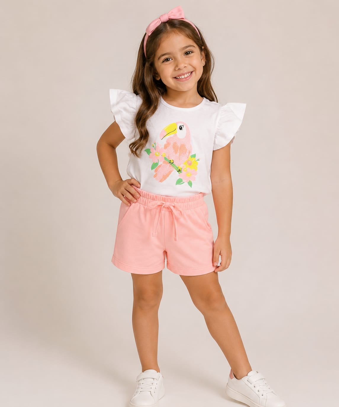 Conjunto Infantil Feminino Blusa com Estampa de Tucano e Short Molecotton