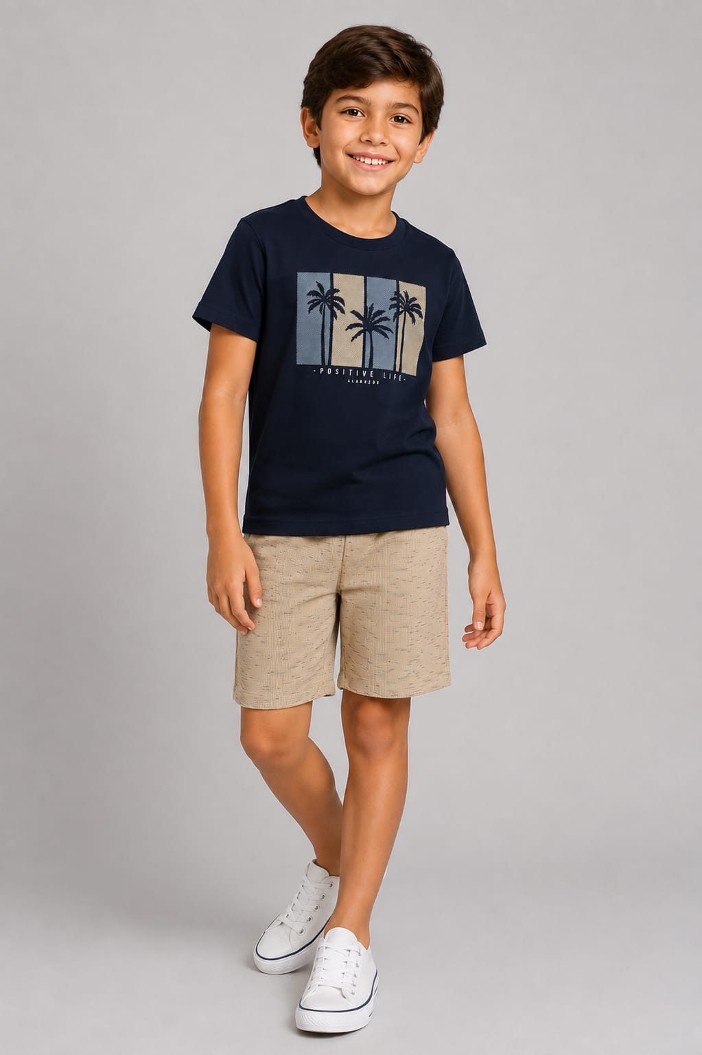 Conjunto Infantil Masculino Camiseta Meia Malha Penteada com Short em Moletom