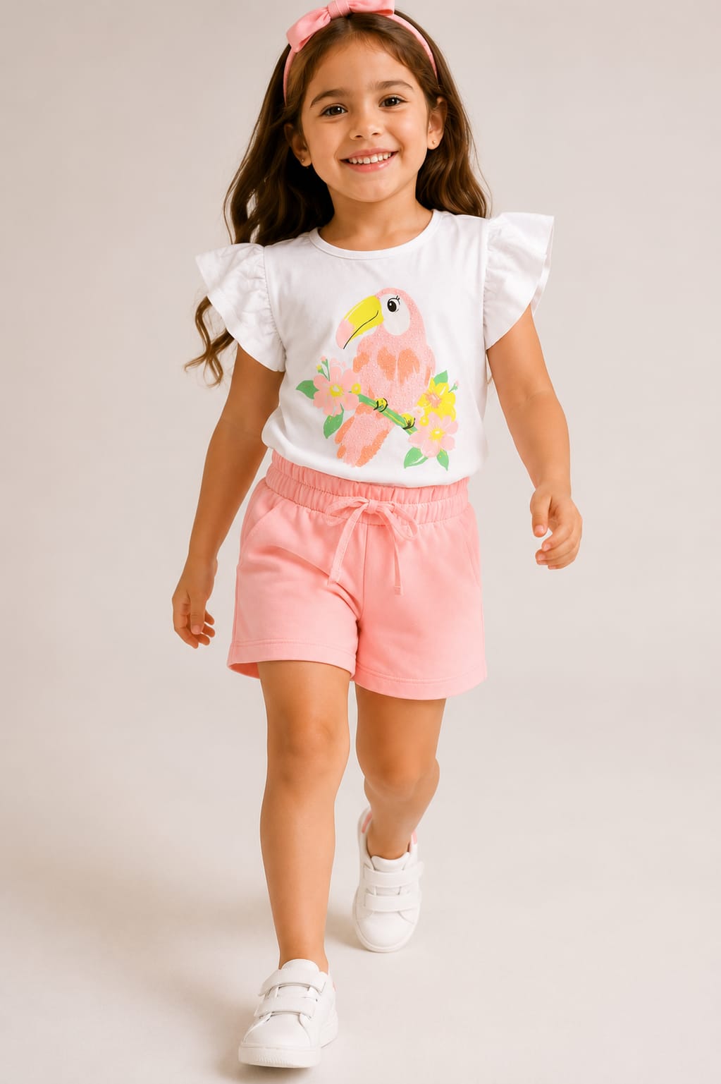 Conjunto Infantil Feminino Blusa com Estampa de Tucano e Short Molecotton