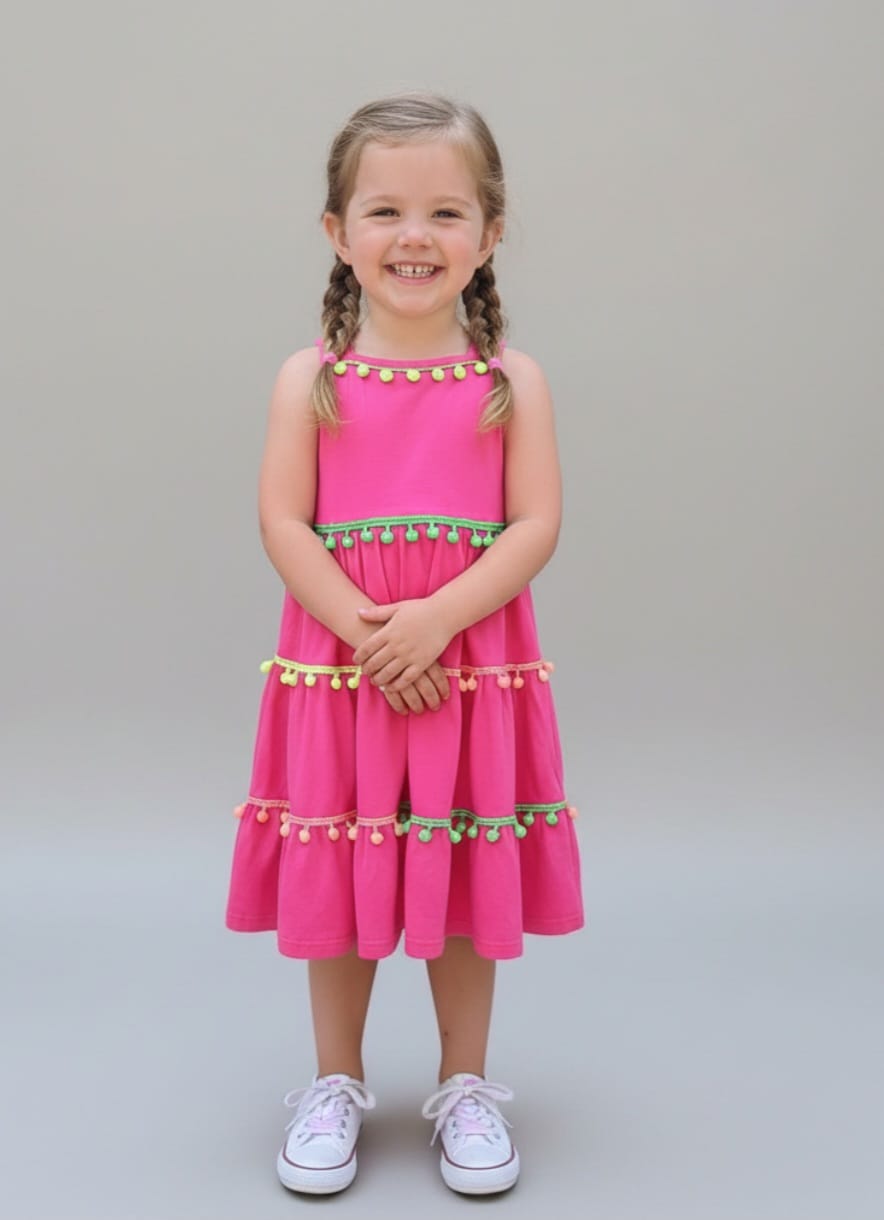 Vestido Infantil Pompom – Leve, Confortável e Cheio de Estilo para o Dia a Dia