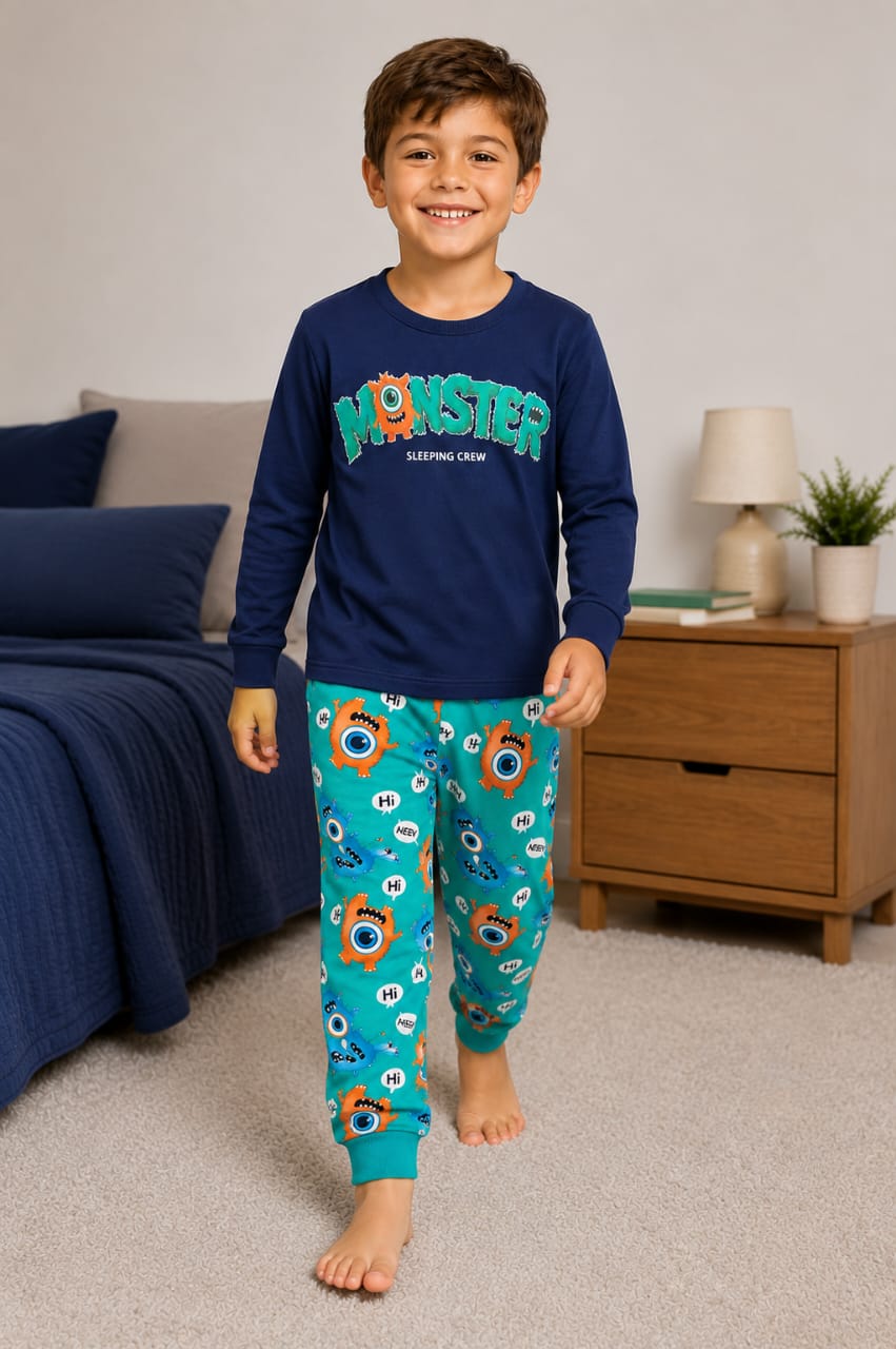 Pijama Infantil Moletom Peluciado Monster 100% Algodão Brilha no Escuro