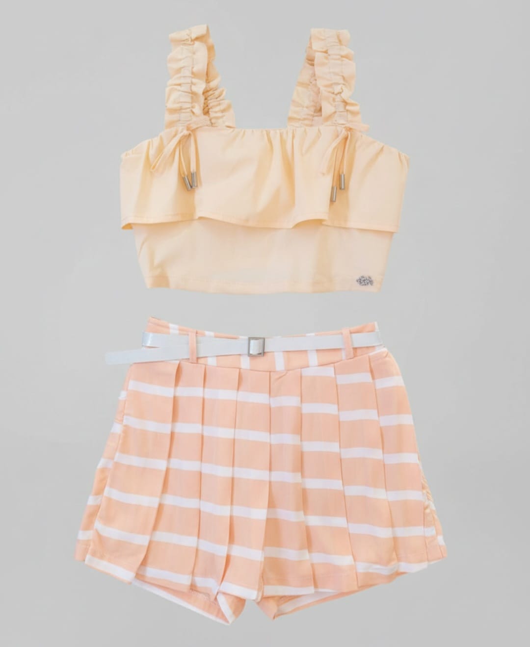Conjunto Estilo Teen Gabriela Aquarela – Cropped com Babado e Short Saia com Cinto