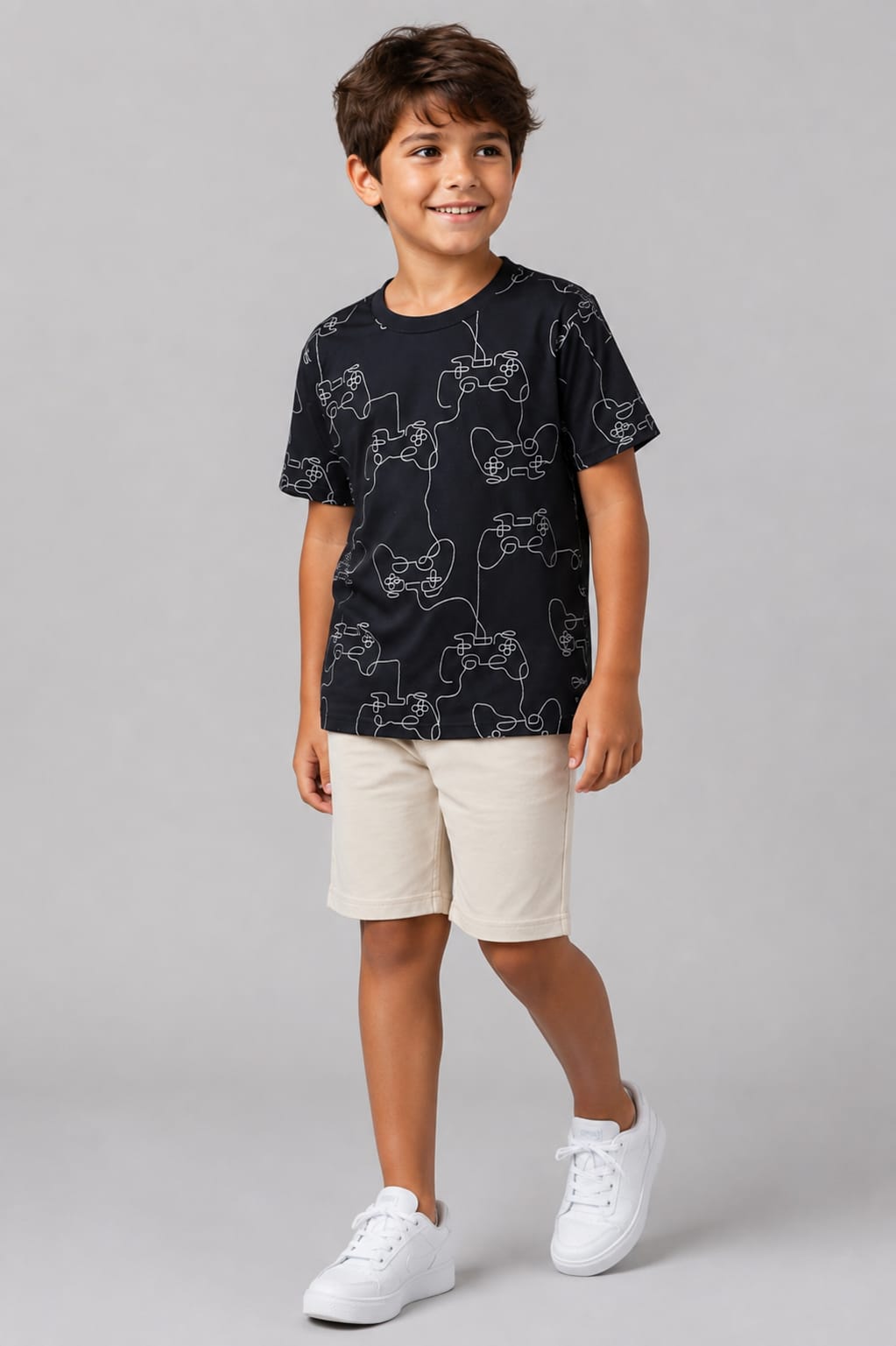 Conjunto Infantil Masculino Camiseta Gamer em Meia Malha Penteada e Bermuda em Moletom