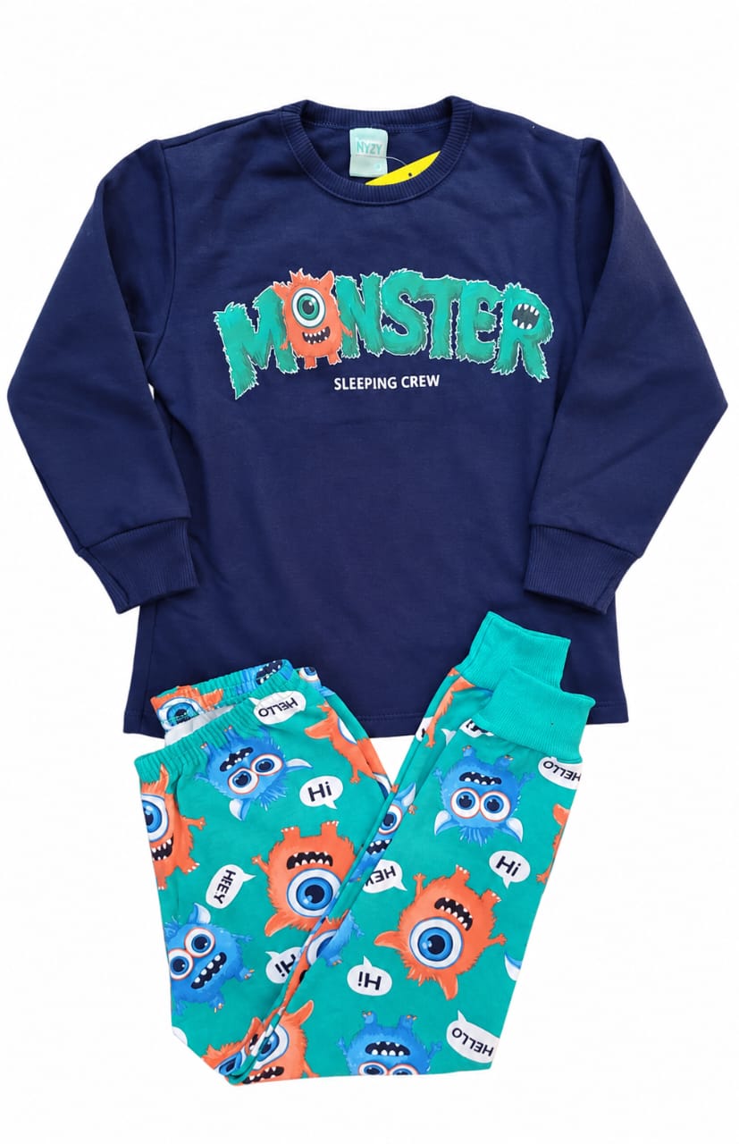 Pijama Infantil Moletom Peluciado Monster 100% Algodão Brilha no Escuro