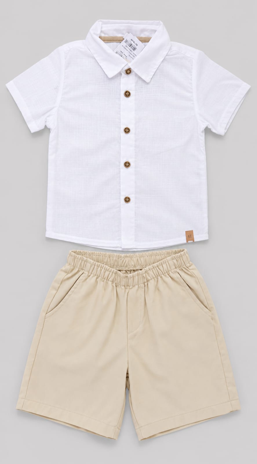 Conjunto Infantil Masculino Camisa Branca e Bermuda Bege