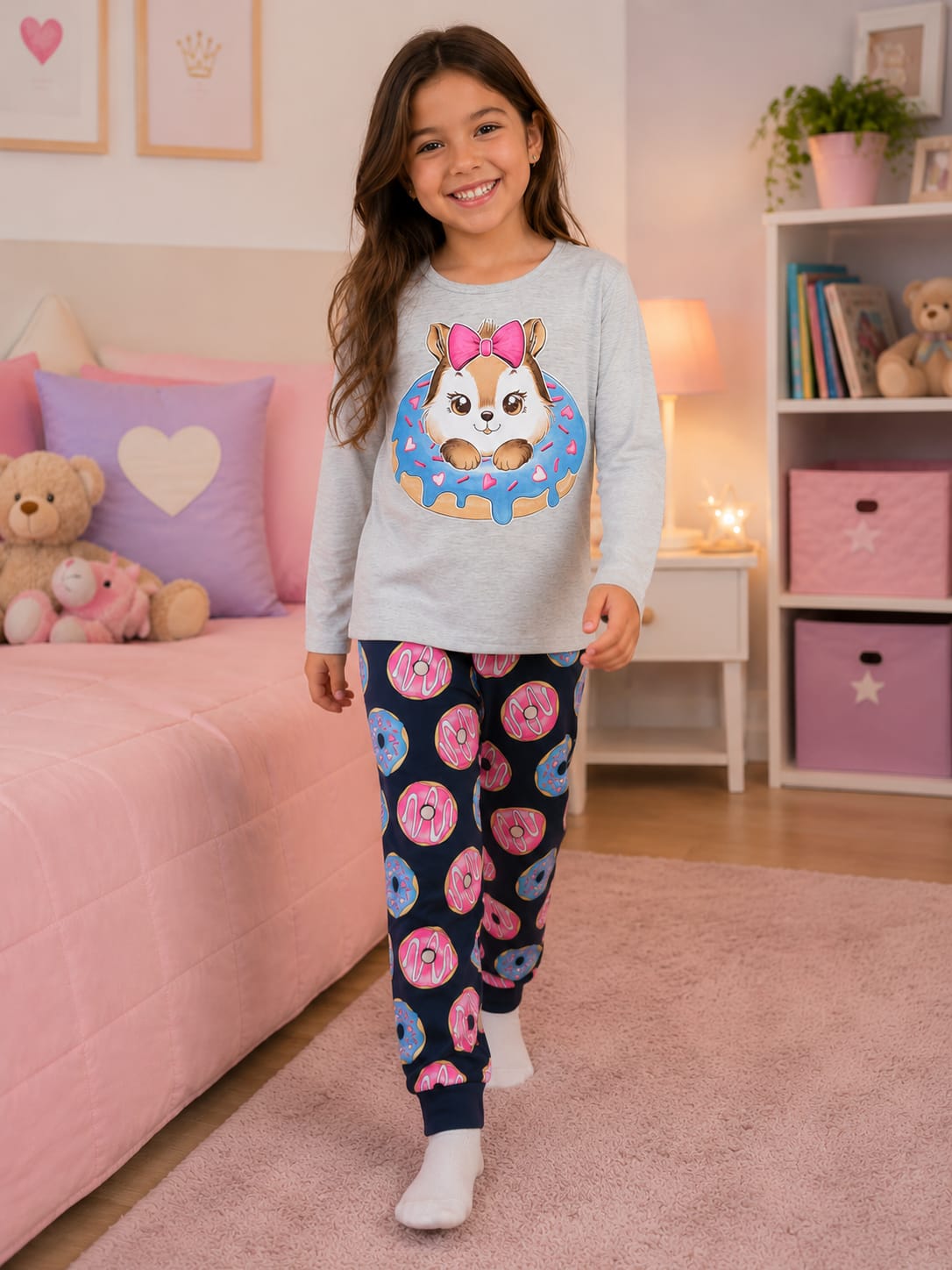 Pijama Infantil Feminino Meia Estação Donuts que Brilha no Escuro 100% Algodão