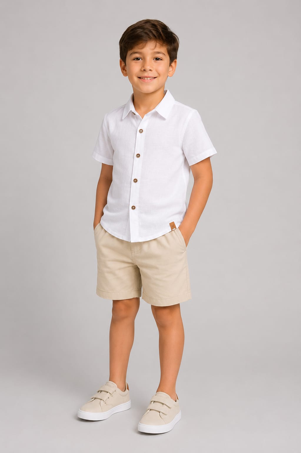 Conjunto Infantil Masculino Camisa Branca e Bermuda Bege