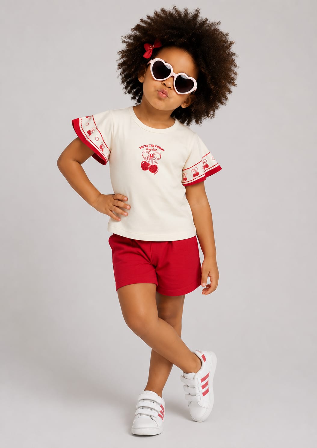 Conjunto Infantil Feminino Blusa e Short em Malha Nikko Estampa Cerejas