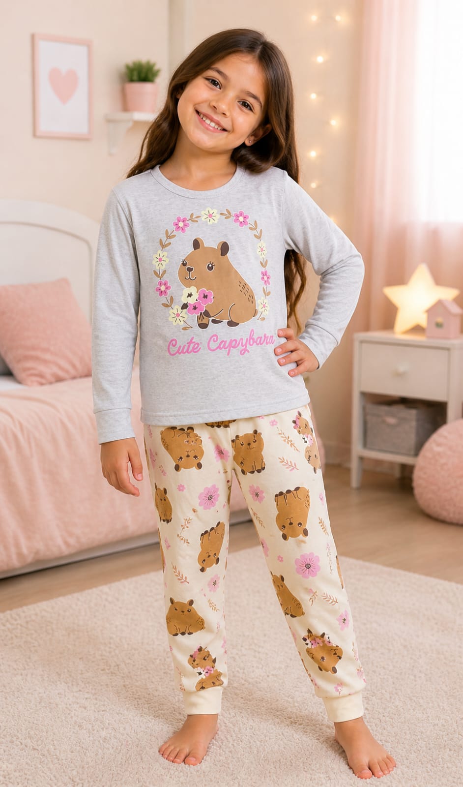 Pijama Infantil Cute Capivara Brilha no Escuro 100% Algodão