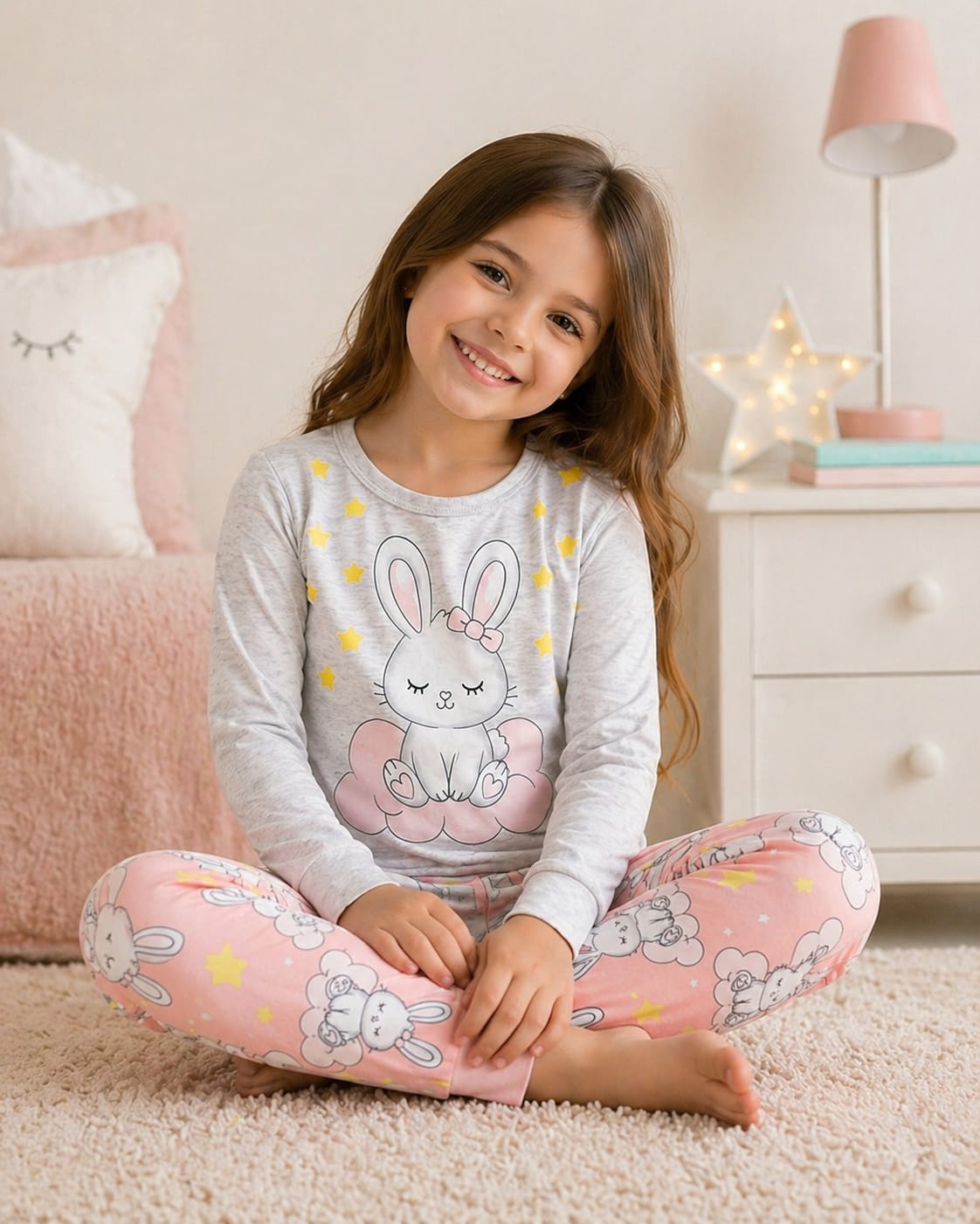 Pijama Infantil Coelhinha Brilha no Escuro – 100% Algodão | Moletom Peluciado