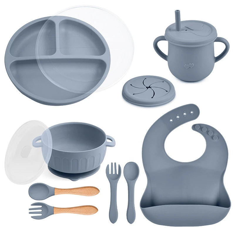 Kit 10 Peças de Alimentação Infantil – Pratos com Ventosa, Colher, Garfo, Copo Sippy, BPA Free e Cores Sólidas para Bebês