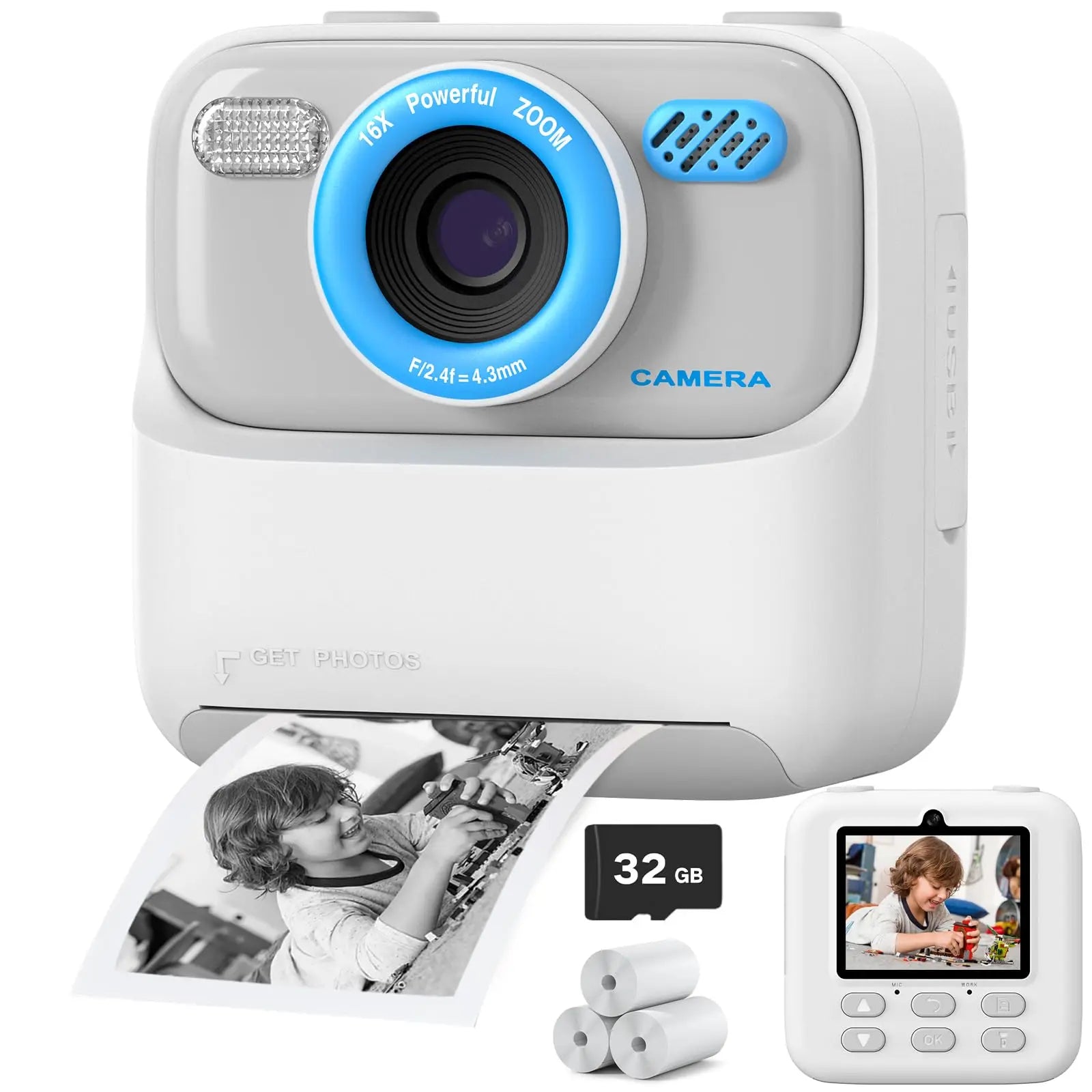 Câmera Infantil AMORUS Instantânea 1080P HD – Dual Lens, Selfie, Impressão com Papel e Cartão 32GB