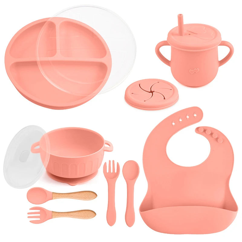 Kit 10 Peças de Alimentação Infantil – Pratos com Ventosa, Colher, Garfo, Copo Sippy, BPA Free e Cores Sólidas para Bebês