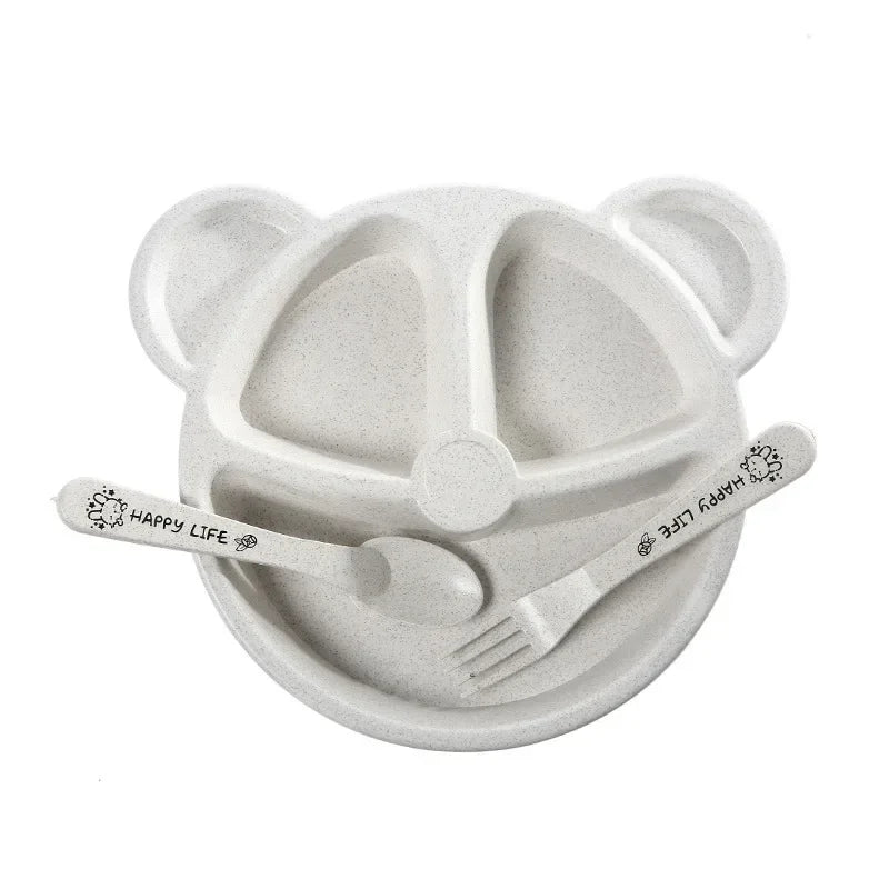 Kit Alimentação Infantil 3 Peças – Tigela Cartoon de Urso com Colher e Garfo, Jogo de Comida para Bebês e Crianças