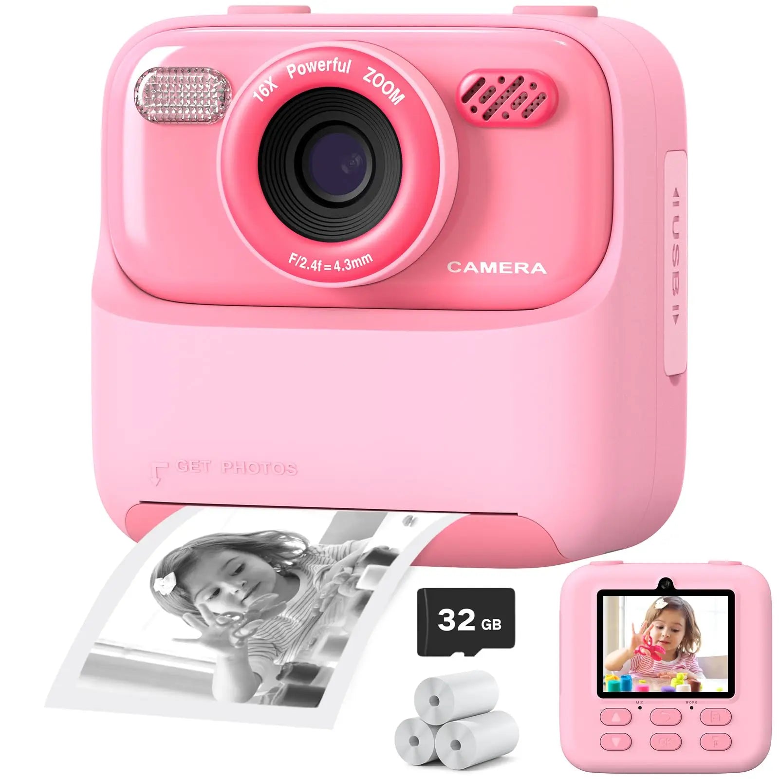 Câmera Infantil AMORUS Instantânea 1080P HD – Dual Lens, Selfie, Impressão com Papel e Cartão 32GB