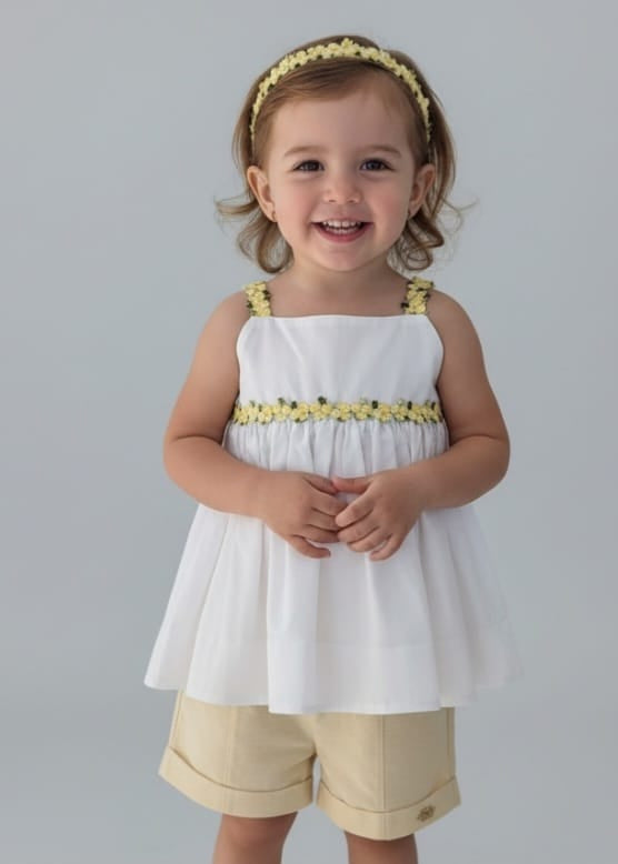 Conjunto Infantil Gabriela Aquarela – Blusa, Short e Tiara Feminina com Estampa Aquarelada
