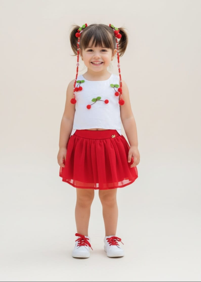 Conjunto Infantil Gabriela Aquarela Cereja – Blusa e Saia Feminina Delicada, Moderna e Confortável