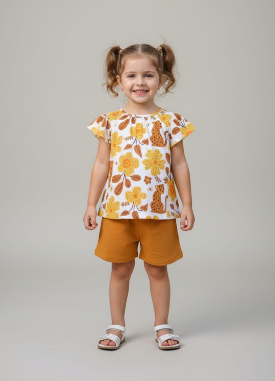 Conjunto Infantil KYLY Flores – Blusa e Short Feminino Confortável, Delicado e Estiloso