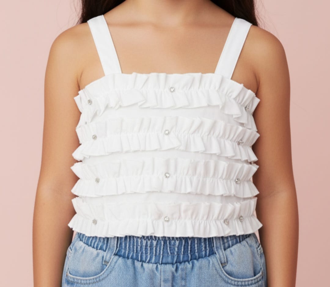 Conjunto Blusa e Short Jeans Gabriela Aquarela – Cropped Frufru com Cristais + Short Jeans Infantil