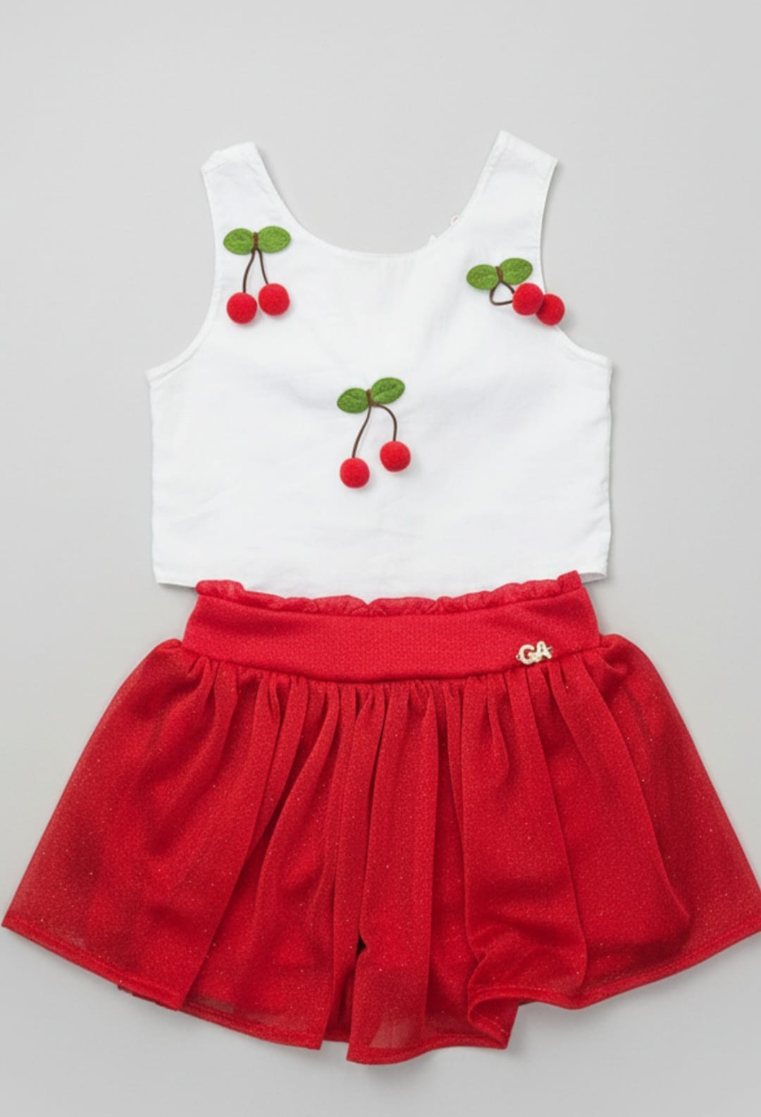 Conjunto Infantil Gabriela Aquarela Cereja – Blusa e Saia Feminina Delicada, Moderna e Confortável