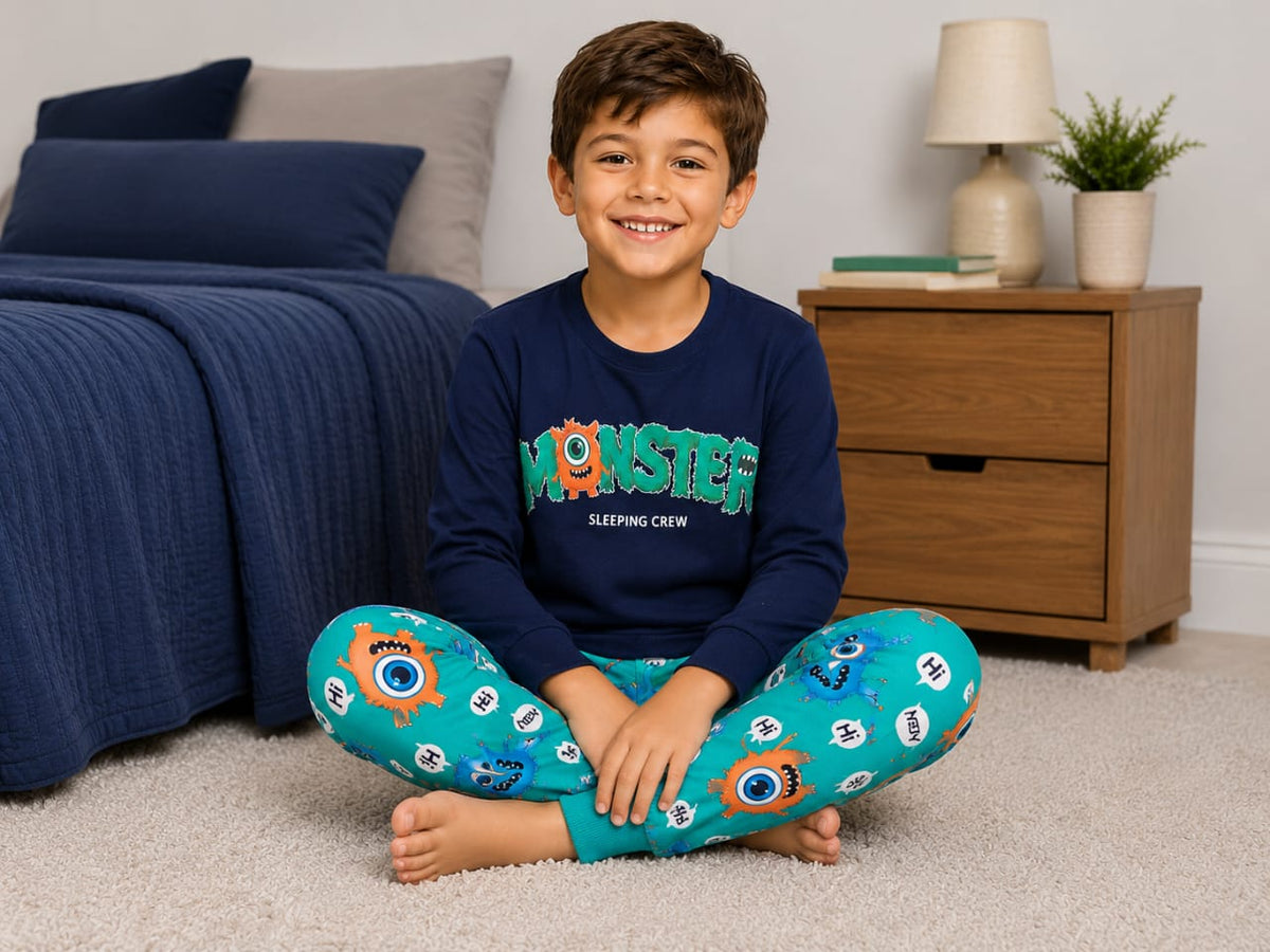 Pijama Infantil Moletom Peluciado Monster 100% Algodão Brilha no Escuro