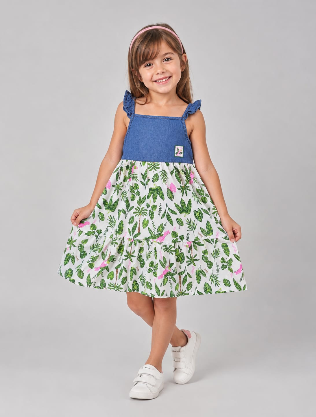 Vestido Infantil em Cotton e Jeans com Estampa Tropical
