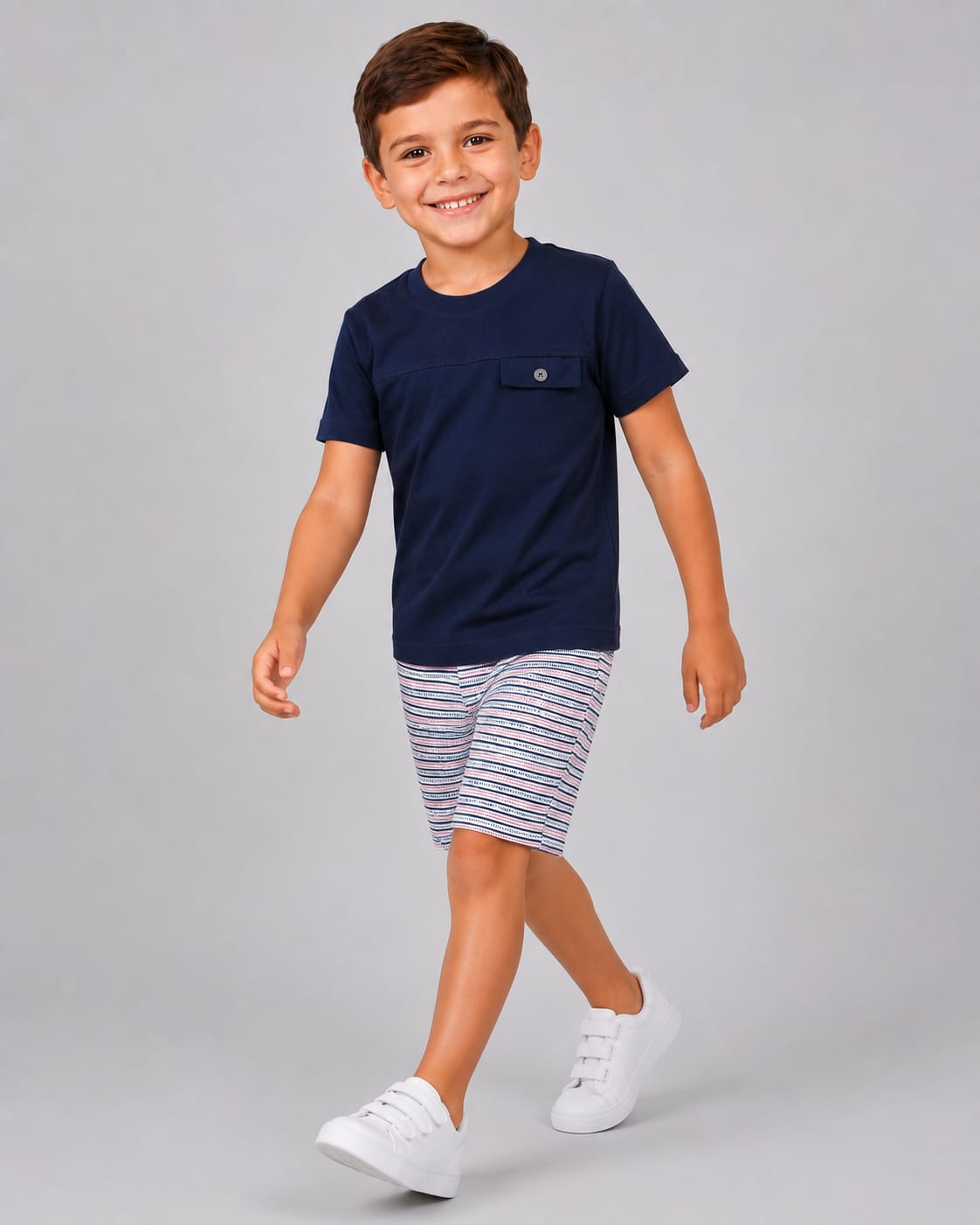 Conjunto Infantil Masculino Camiseta em Meia Malha Penteada e Short em Malha Piquet Confort