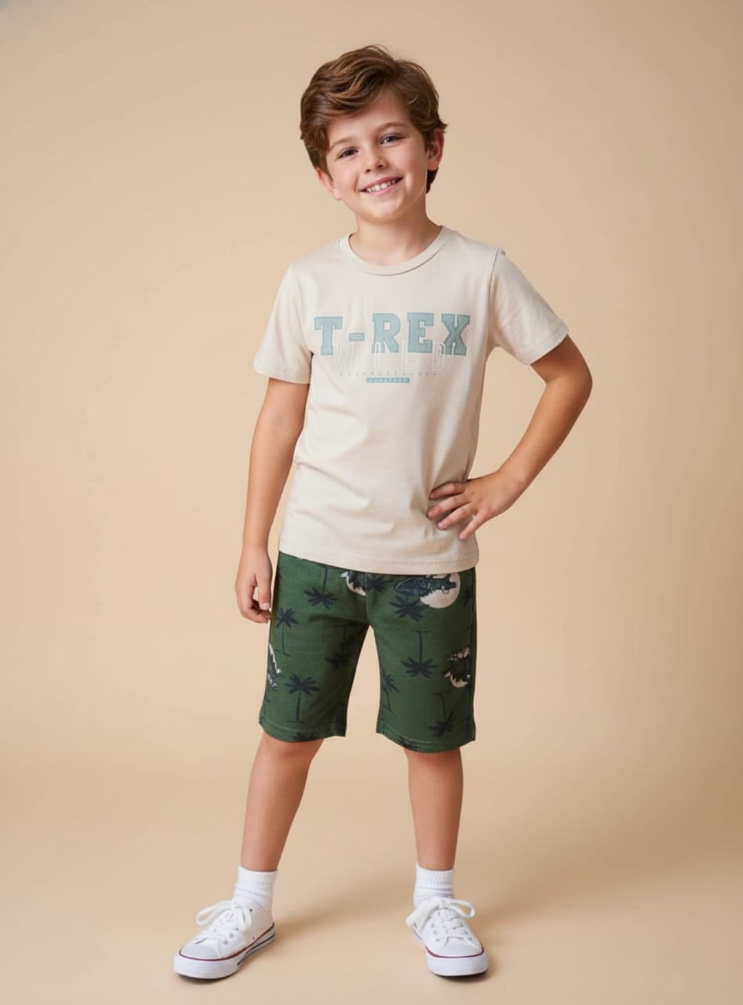 Conjunto infantil T‑rex em 100% algodão — conforto e estilo para crianças