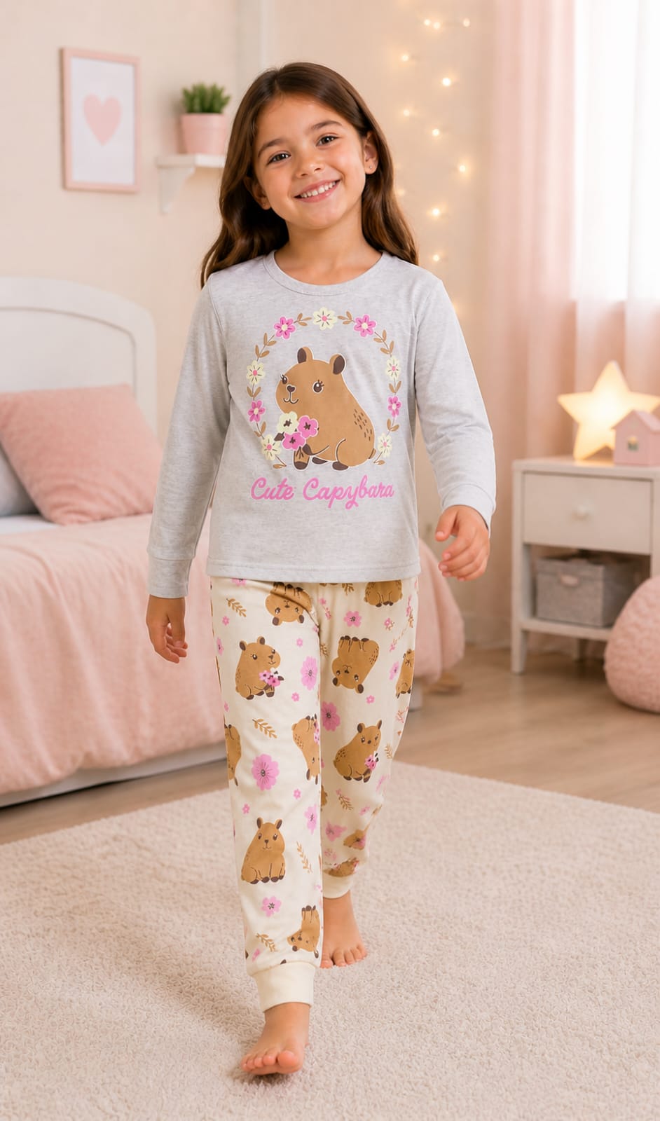 Pijama Infantil Cute Capivara Brilha no Escuro 100% Algodão