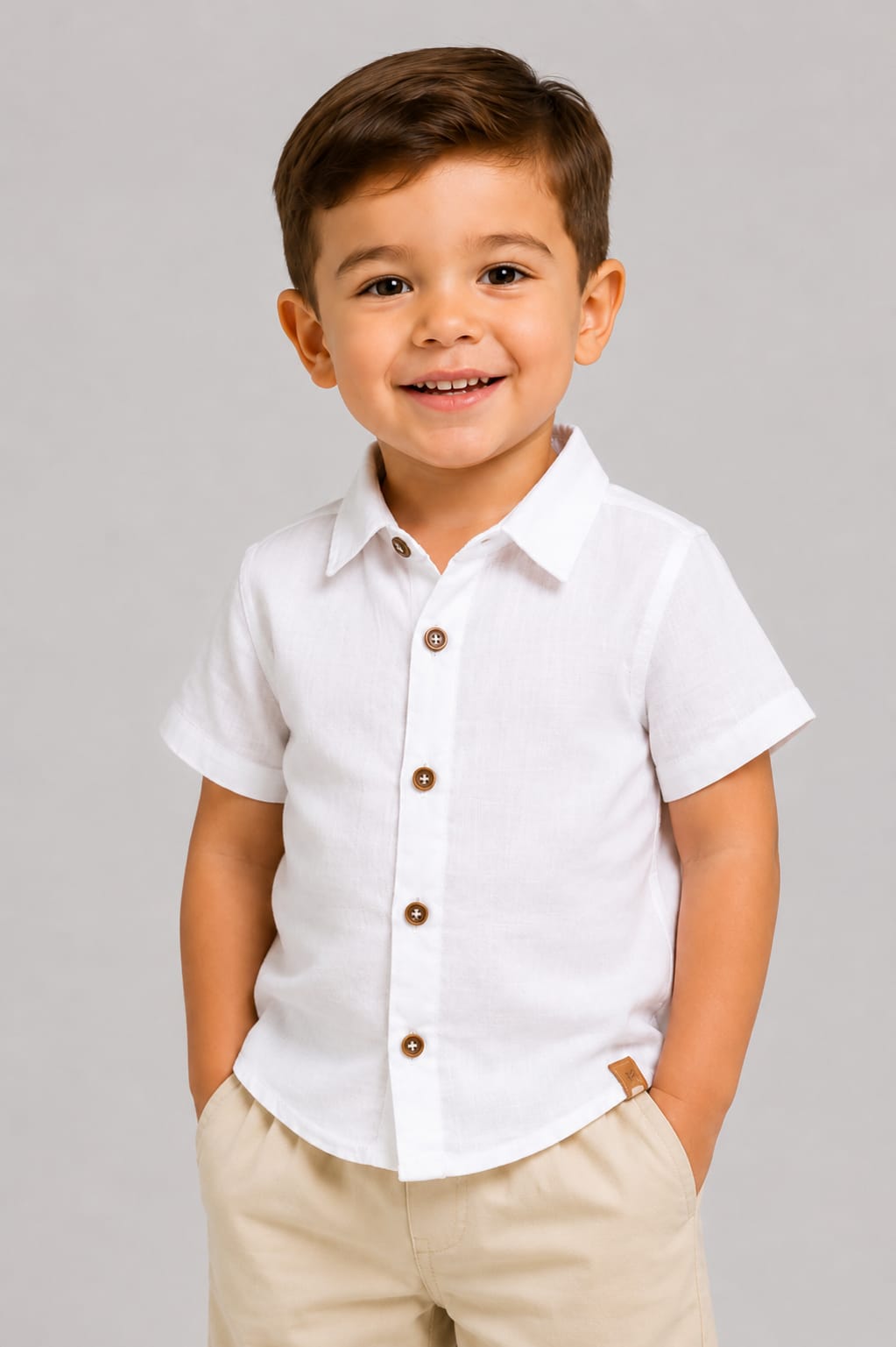 Conjunto Infantil Masculino Camisa Branca e Bermuda Bege