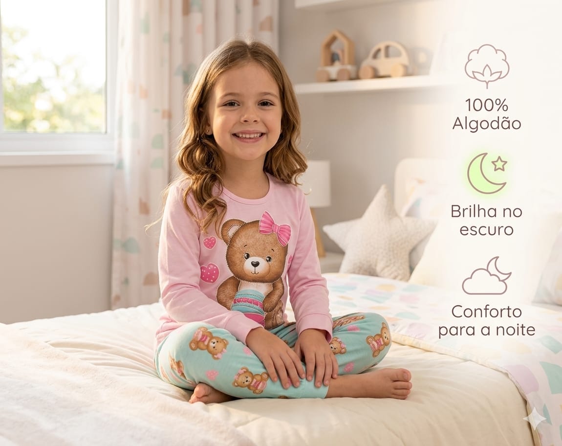 Pijama Infantil Feminino Ursinha – 100% Algodão | Brilha no Escuro