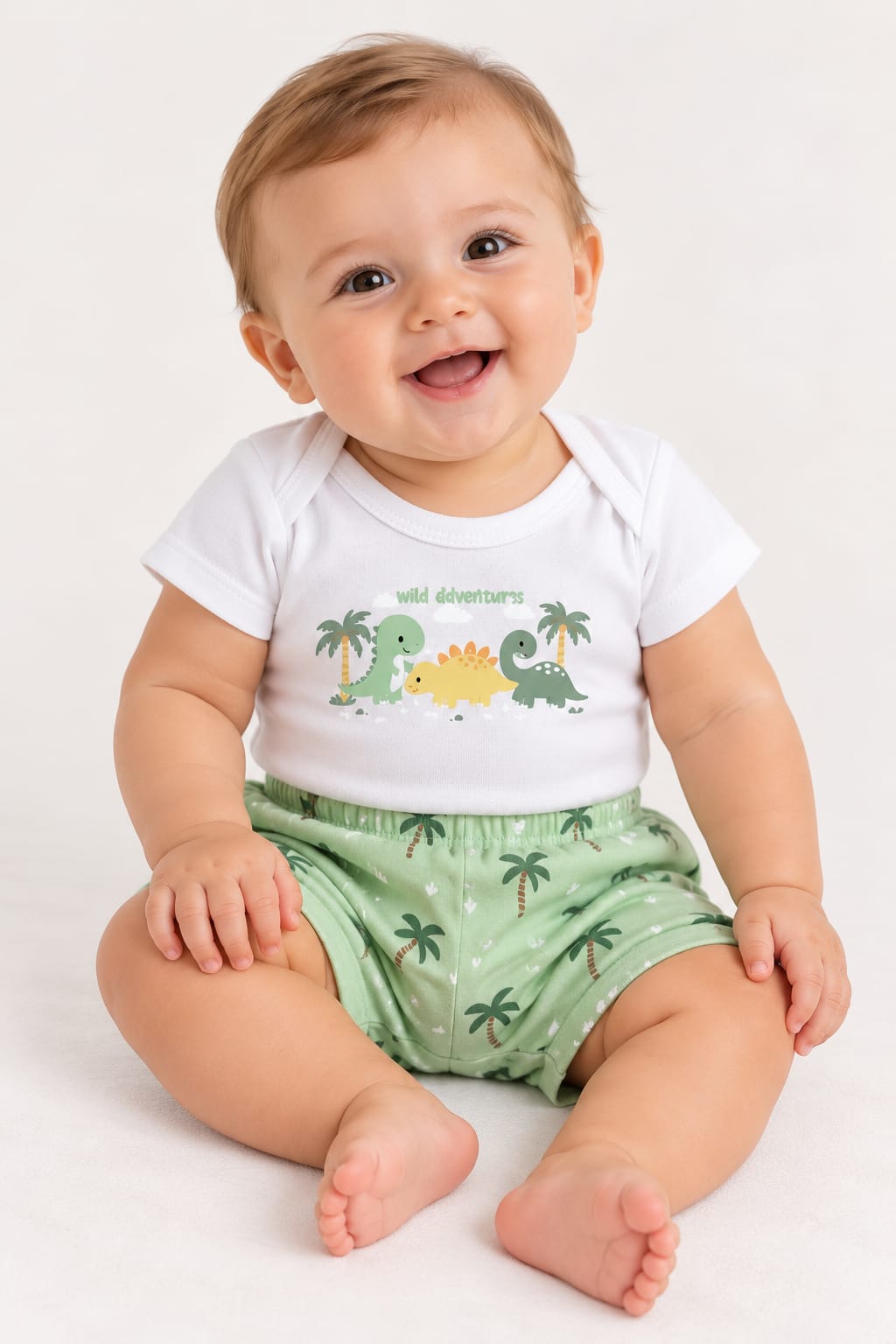 KIT BEBÊ 3 PEÇAS 2 BODIES + SHORT ESTAMPA DINOSSAURO