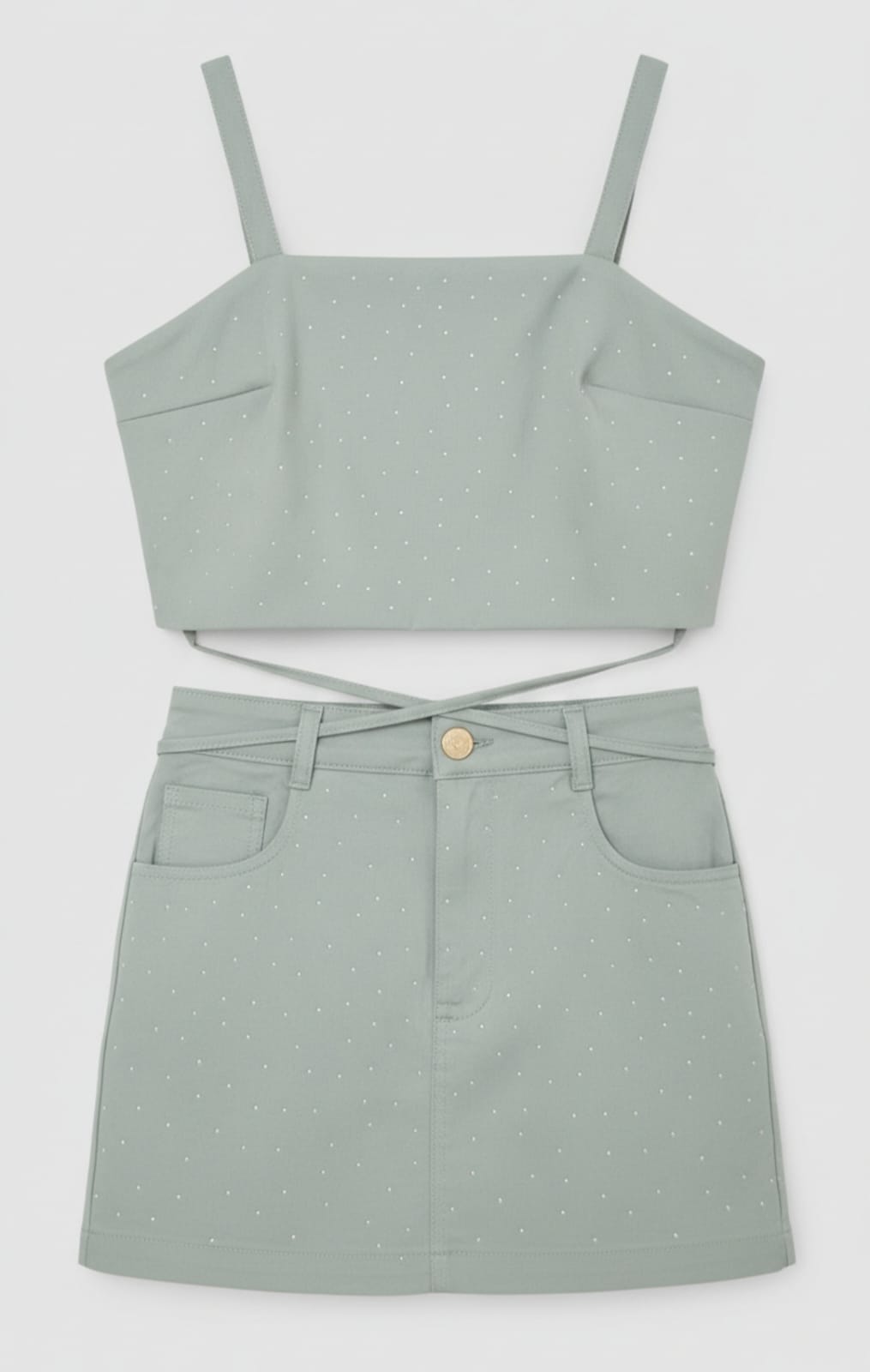 Conjunto PinkX Estilo em Sarja – Cropped com Pontos de Luz e Short Saia com Amarração