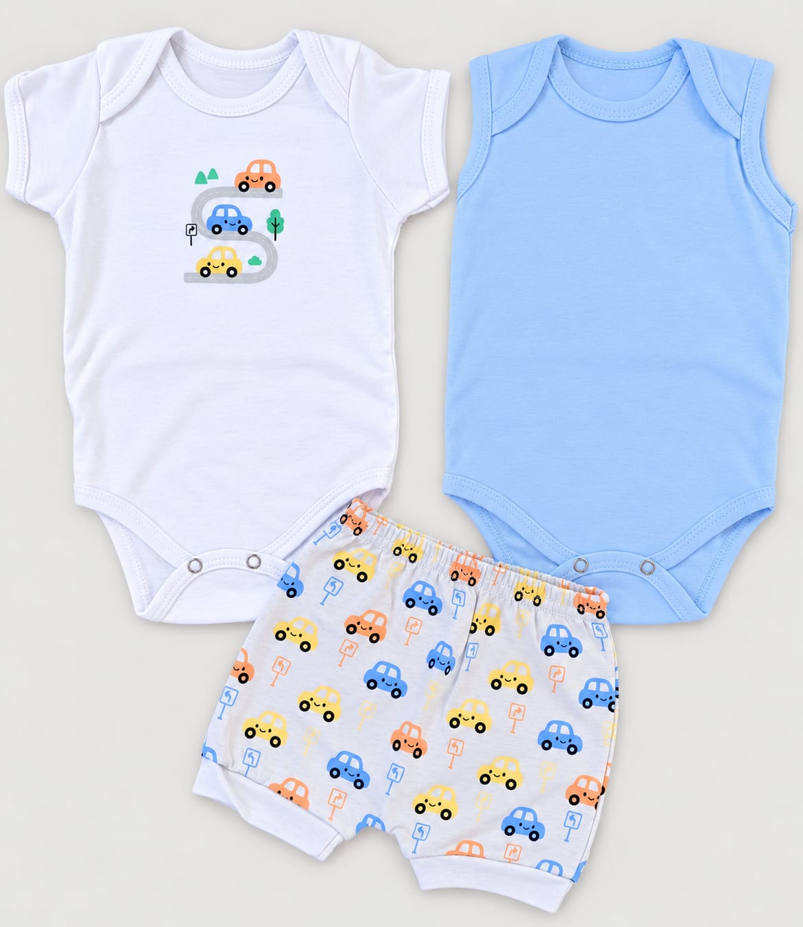 Kit Bebê 3 Peças carrinho em Malha 100% Algodão