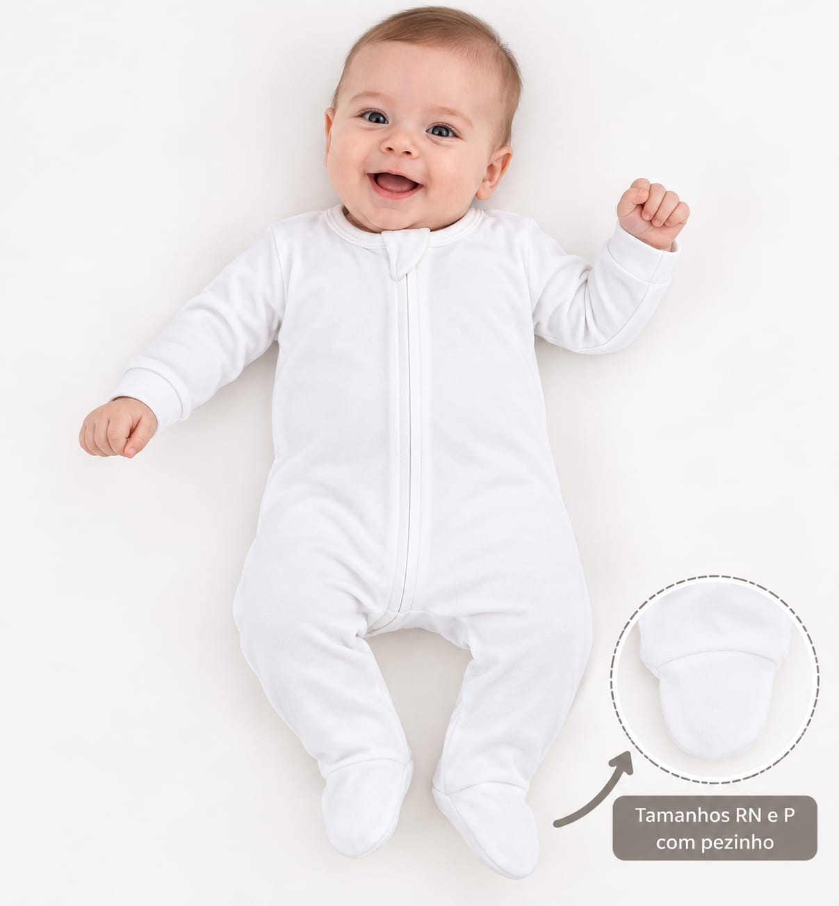 MACACÃO BEBÊ BRANCO LISO COM ZÍPER 100% ALGODÃO MALHA PREMIUM
