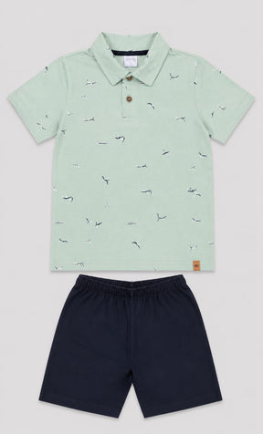 Conjunto Infantil Masculino Polo Estampada com Short em Moletom