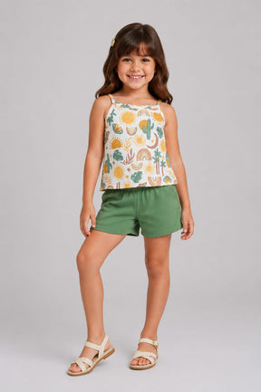 Conjunto Infantil Feminino Regata Estampada em Meia Malha Penteada com Short em Moletom