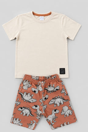 Conjunto Infantil Masculino Camiseta em Malha Penteada e Short em Moletom Estampa Dinossauros