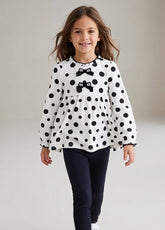 Conjunto Infantil Feminino Poá com Laços e Legging Preta
