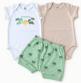 KIT BEBÊ 3 PEÇAS 2 BODIES + SHORT ESTAMPA DINOSSAURO