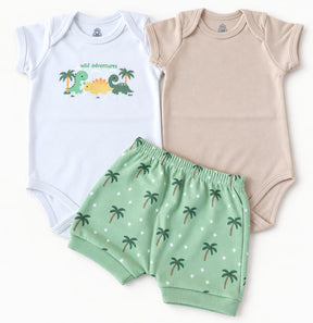 KIT BEBÊ 3 PEÇAS 2 BODIES + SHORT ESTAMPA DINOSSAURO