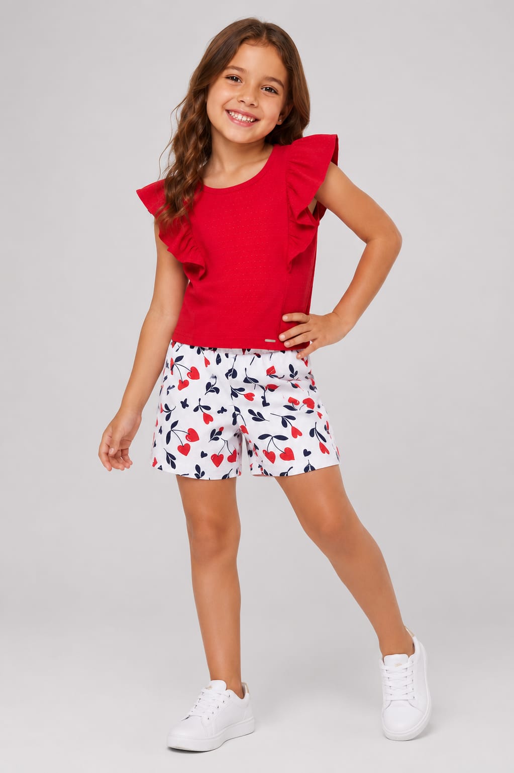 Conjunto Infantil Feminino Blusa com Babados e Short Estampado Corações