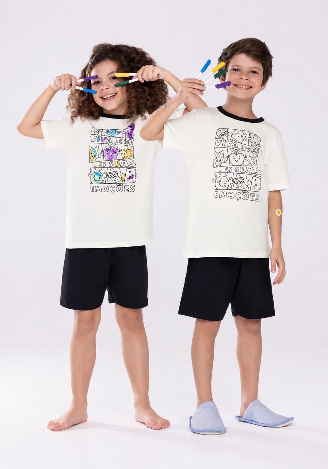 Pijama Infantil Unissex para Colorir com Canetinhas Laváveis + Livro de Colorir + Adesivos