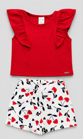 Conjunto Infantil Feminino Blusa com Babados e Short Estampado Corações