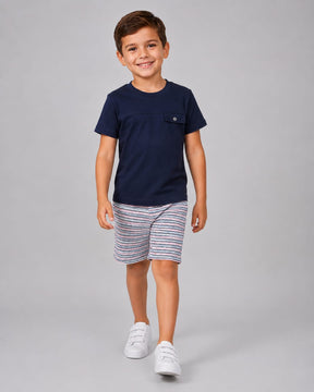 Conjunto Infantil Masculino Camiseta em Meia Malha Penteada e Short em Malha Piquet Confort
