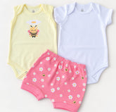 KIT BEBÊ 3 PEÇAS 2 BODIES + SHORT ESTAMPA ABELHINHA