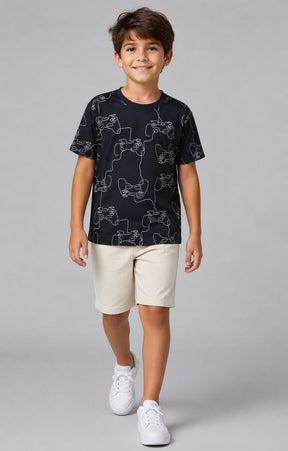 Conjunto Infantil Masculino Camiseta Gamer em Meia Malha Penteada e Bermuda em Moletom