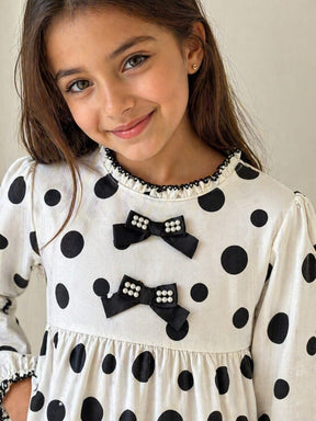 Conjunto Infantil Feminino Poá com Laços e Legging Preta
